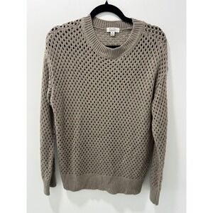 Faded Rose Essentials Open Knit Sweater Taupe Brown Crochet Mesh Pullover Small